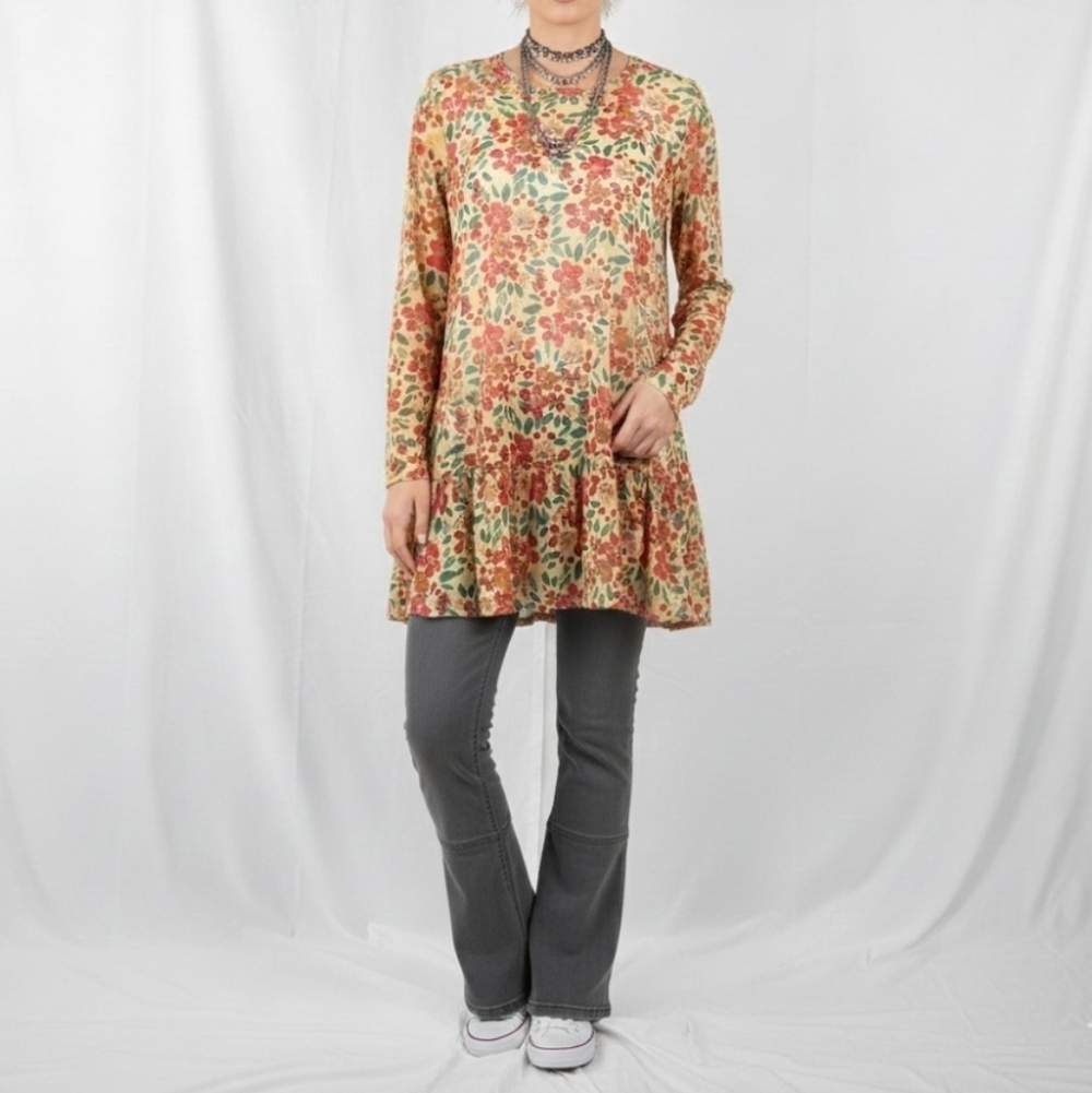 LOGO Layers by Lori Goldstein Floral Ruffle Hem Mesh Tunic Top Size Large Yellow